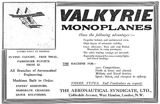 The Aeronautical Syndicate - Valkyrie Pusher Monoplanes          