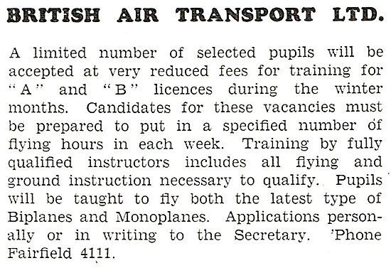 British Air Transport . Flying School 1931                       