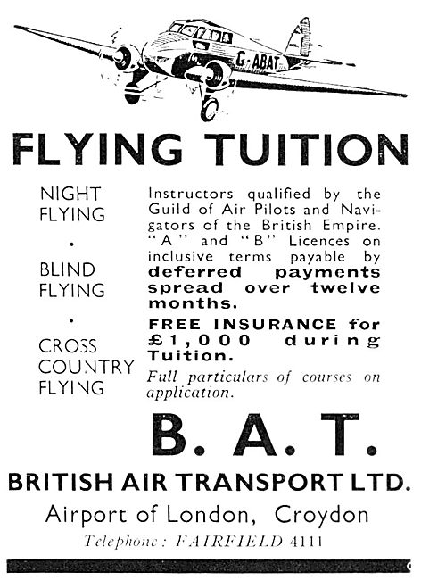 B.A.T. British Air Transport. Croydon. Flying School             