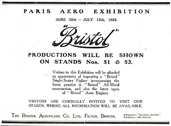 Bristol Aircraft Will Be On Show At 1928 Paris Aero Exhibition   