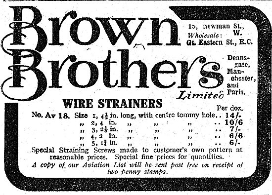 Brown Brothers Wire Strainers For Aeroplane Builders             