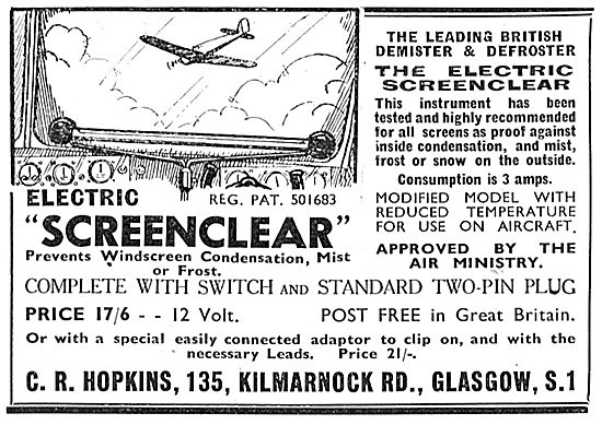 C.R.Hopkins Screenclear Electric Demister 1939                   