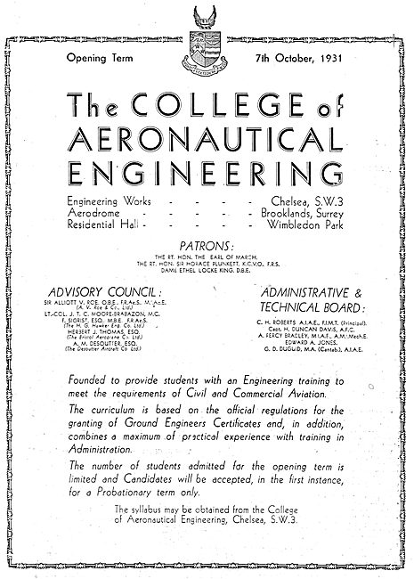 The College Of Aeronautical Engineering - Chelsea 1931           