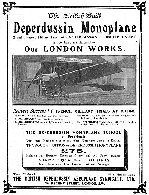 British Built Deperdussin Monoplanes With 80HP Anzani Engines    
