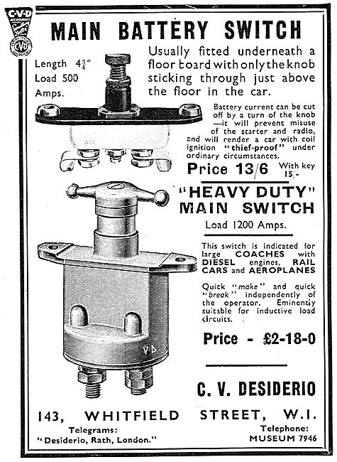 C.V.Desiderio Electrical Parts. Main Battery Switch 1939         