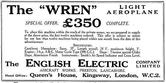 The English Electric Wren Light Aeroplane. 3 HP ABC Engine. 398cc