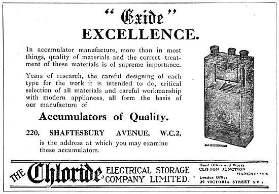 Chloride Batteries. Exide Accumulators 1919 Advert               