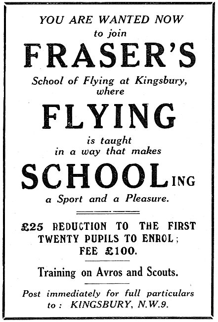 Fraser's Flying School. Kingsbury. 1922                          