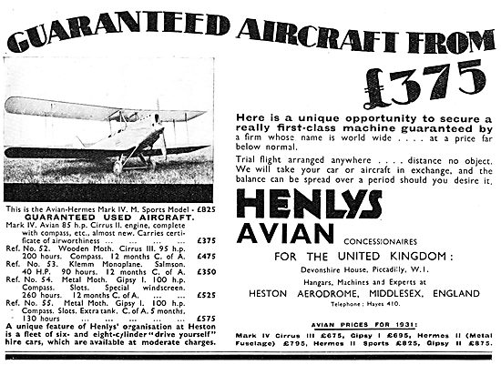 Henly's Aircraft Sales 1930 Heston                               