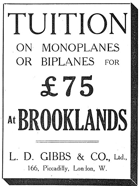 Tuition On Monoplanes Or Biplanes At Brooklands - L.D.Gibbs & Co 