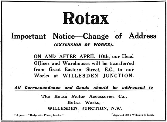Rotax - Change Of Address & Extension Of Works 1916              