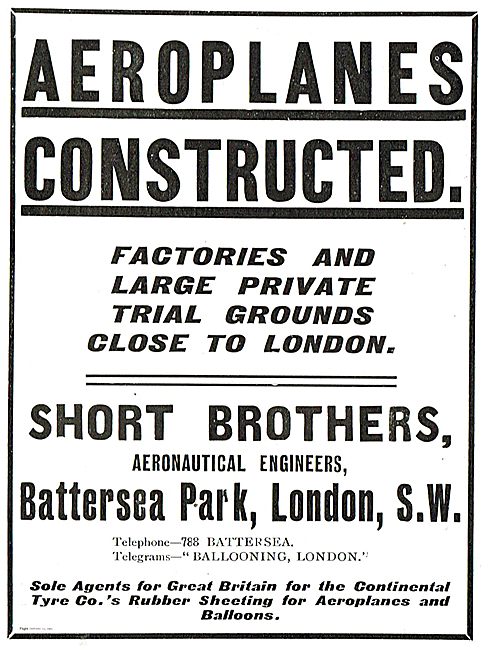 Short Brothers: Aeroplanes Contstructed. Battersea Park London SW