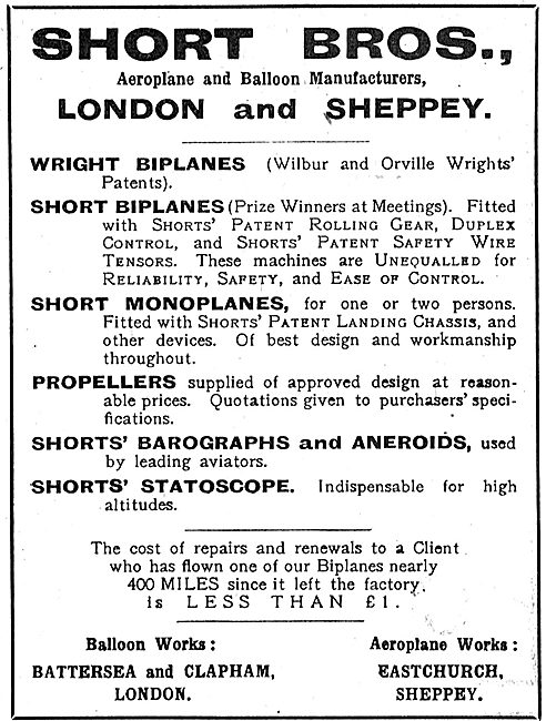 Short Brothers Aeroplane Manufacturers. London & Sheppey         