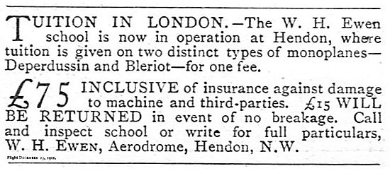 W.H.Ewen School London Aerodrome Hendon: Flying Tuition In London